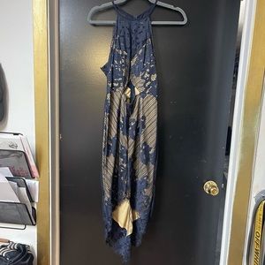 Navy blue and nude lace detail cocktail dress